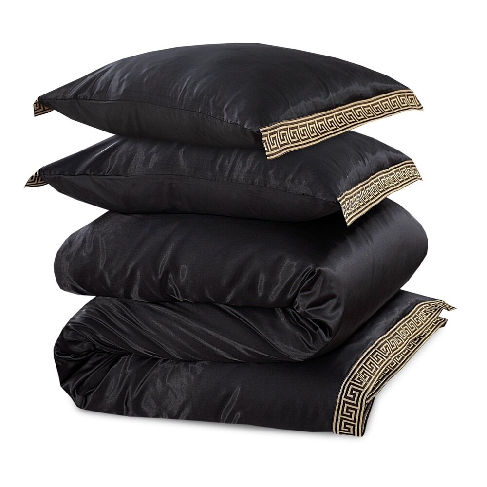 Beauty Silk Shiny Satin Duvet Cover with Lace - Black