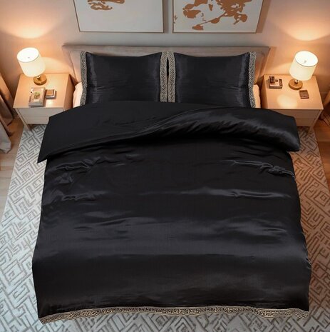 Beauty Silk Glänzender Satin-Bettbezug mit Spitze - Schwarz Beauty Silk Glänzender Satin-Bettbezug mit Spitze - Schwarz