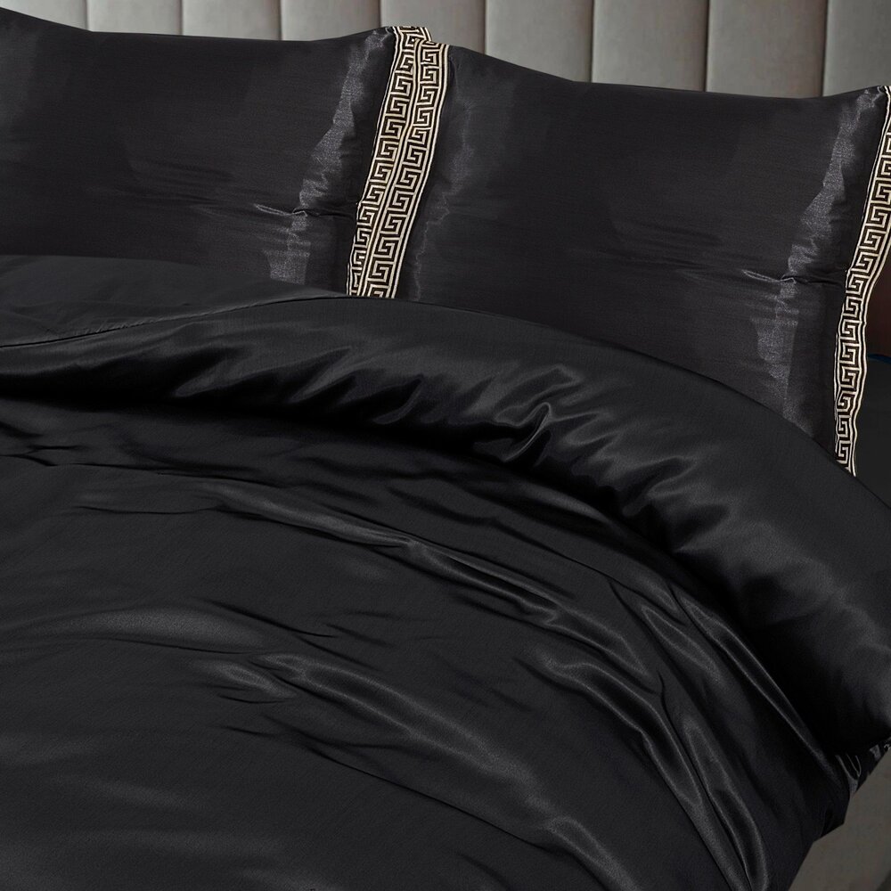 Beauty Silk Shiny Satin Duvet Cover with Lace - Black