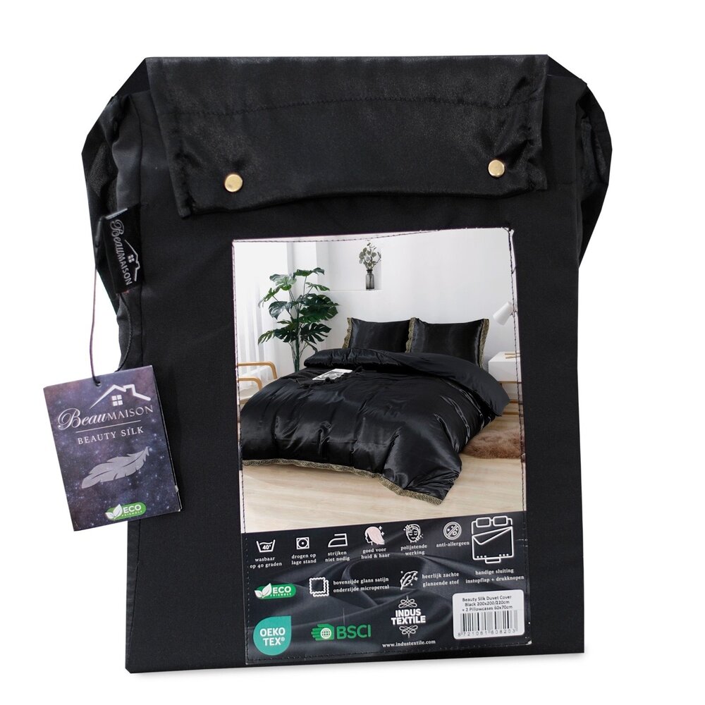 Beauty Silk Shiny Satin Duvet Cover with Lace - Black