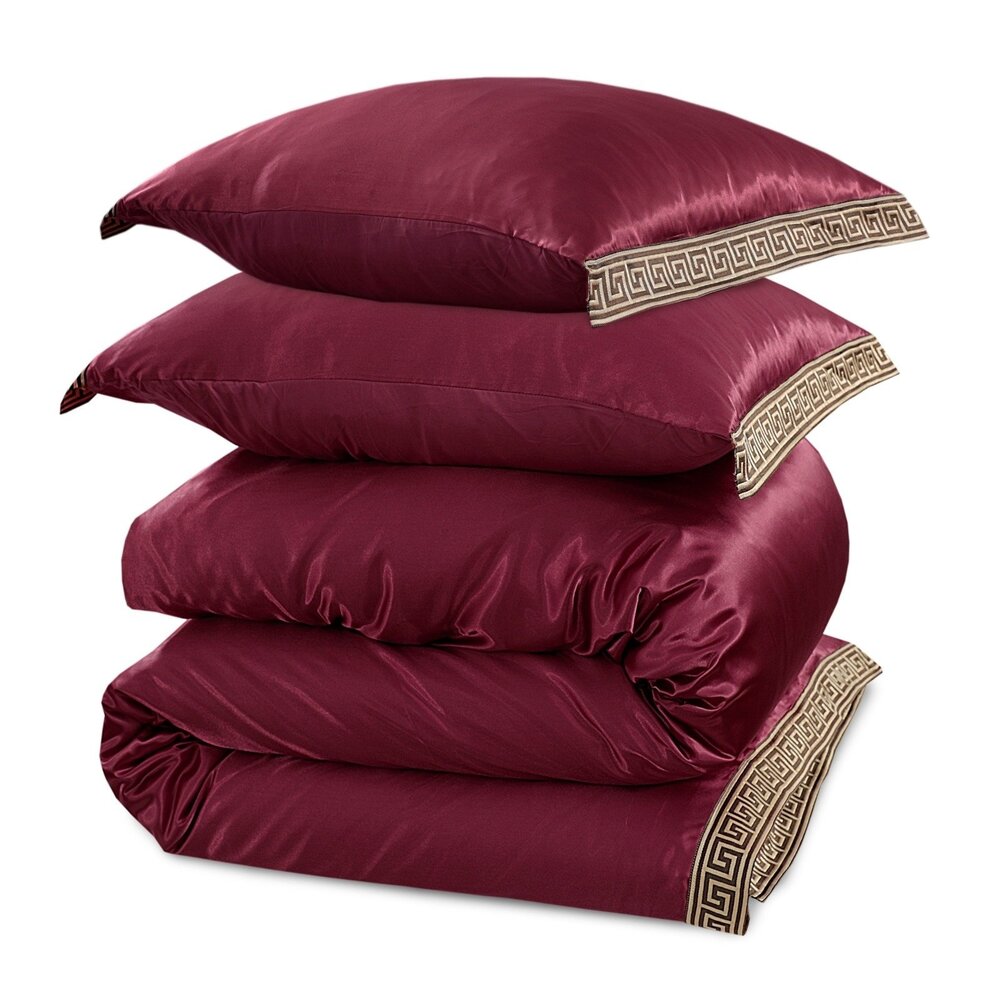 Beauty Silk Shiny Satin Duvet Cover with Lace - Burgundy