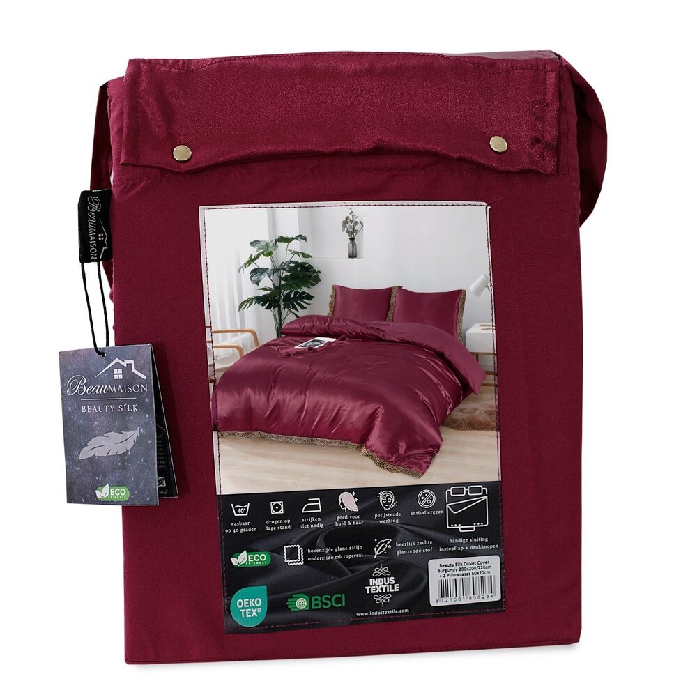 Beauty Silk Shiny Satin Duvet Cover with Lace - Burgundy