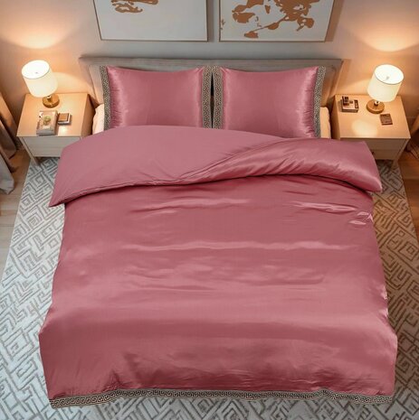 Beauty Silk Shiny Satin Duvet Cover with Lace - Rosewood