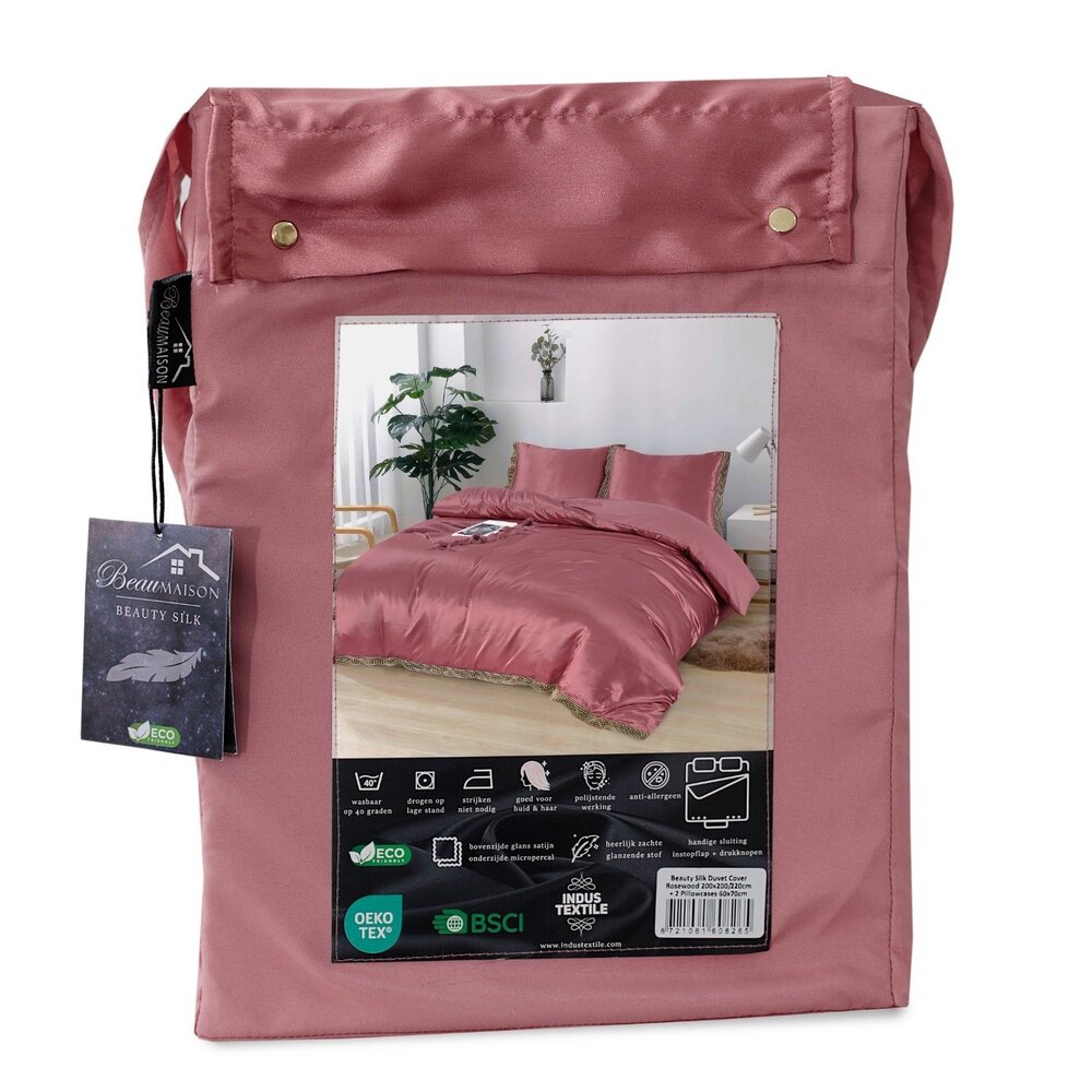 Beauty Silk Glänzender Satin-Bettbezug mit Spitze - Rosenholz