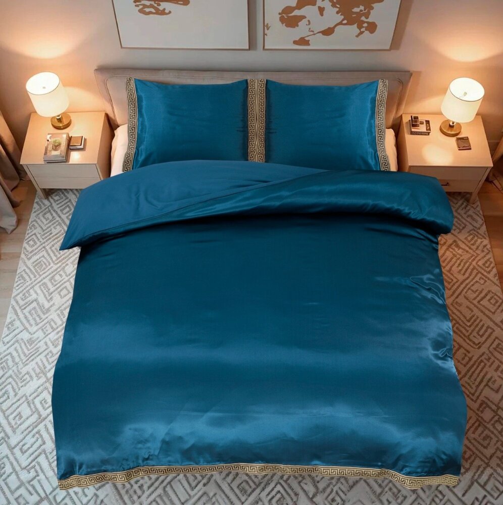 Beauty Silk Glanzend Satijnen Dekbedovertrek met Lace / Griekse Sleutel / Versace - Petrol Blauw Beauty Silk Glanzend Satijnen Dekbedovertrek met Lace / Griekse Sleutel / Versace - Petrol Blauw
