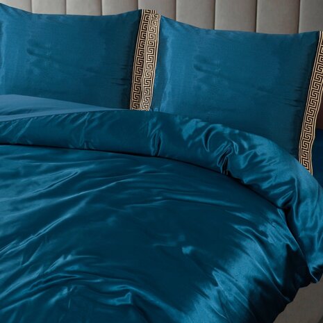Beauty Silk Shiny Satin Duvet Cover with Lace - Petrol Blue