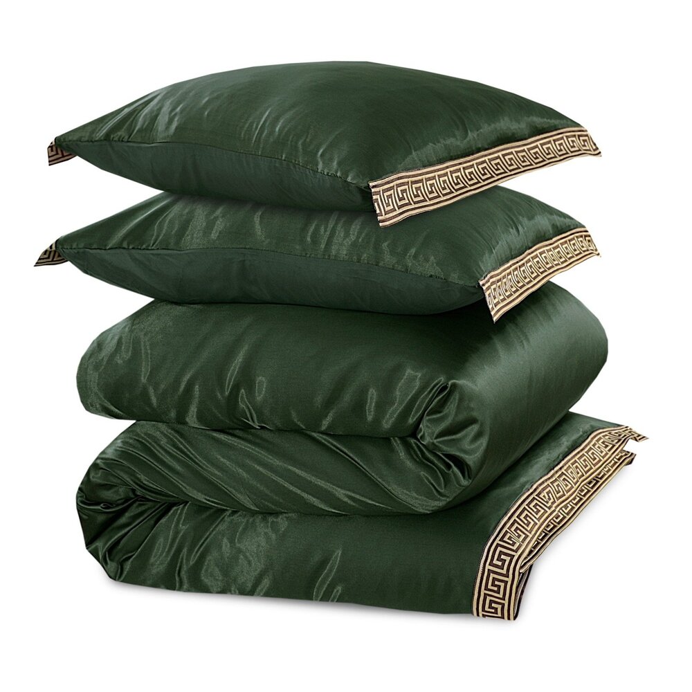 Beauty Silk Shiny Satin Duvet Cover with Lace - Green