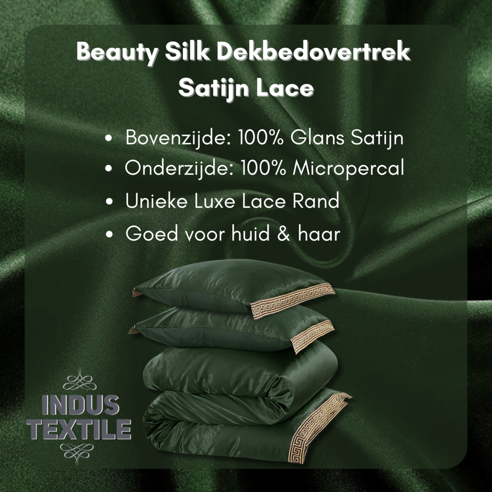 Beauty Silk Glänzender Satin-Bettbezug mit Spitze - Grün