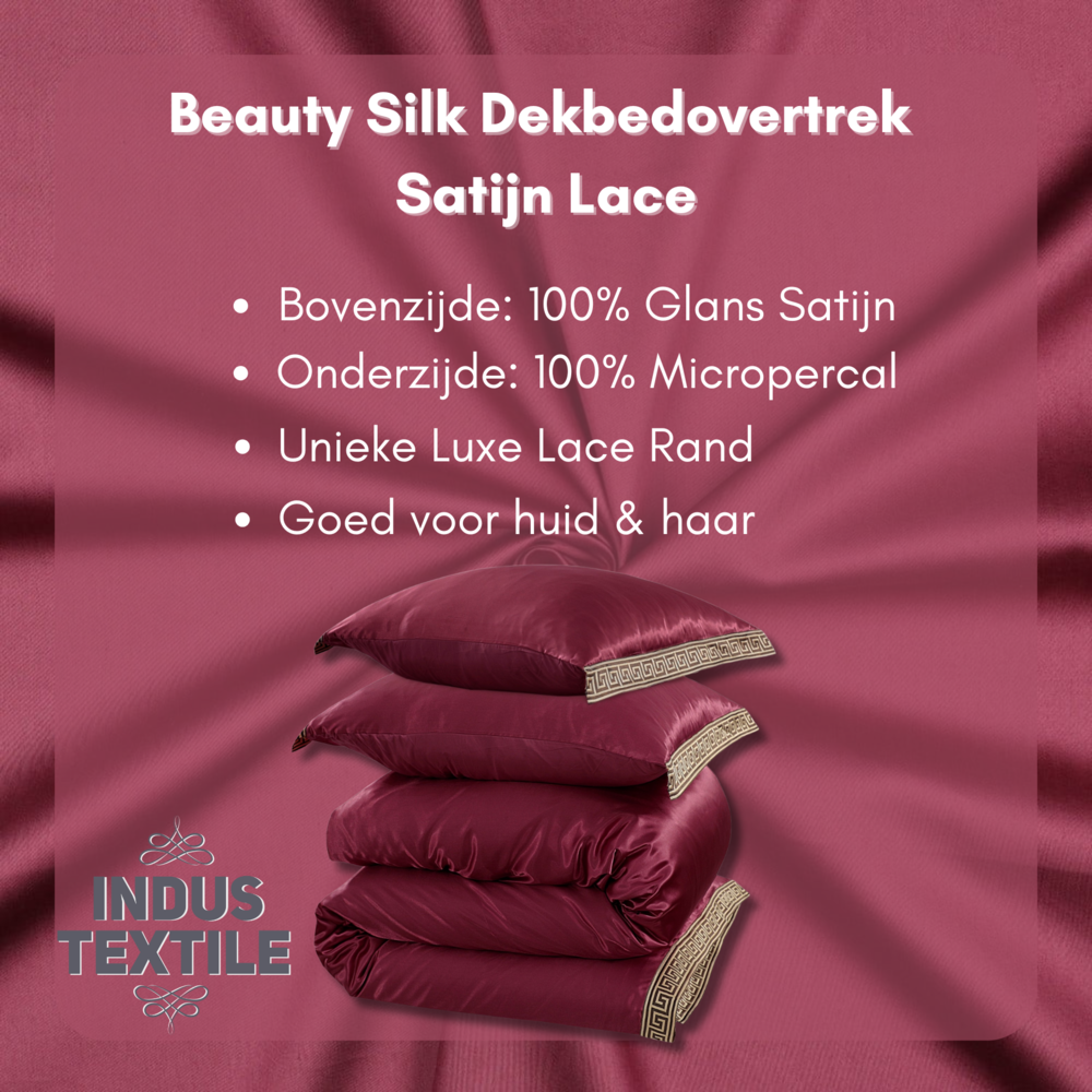Beauty Silk Glänzender Satin-Bettbezug mit Spitze - Burgunderrot