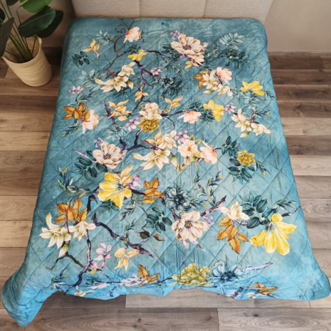 Overige Merken Tagesdecke aus Baumwollsatin mit Blumenmuster, Gelb/Blau, doppelseitig, 200 TC