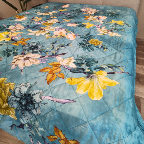 Overige Merken Bedspread Cotton Satin Floral Yellow Blue- Double Sided Bedspread - 200TC
