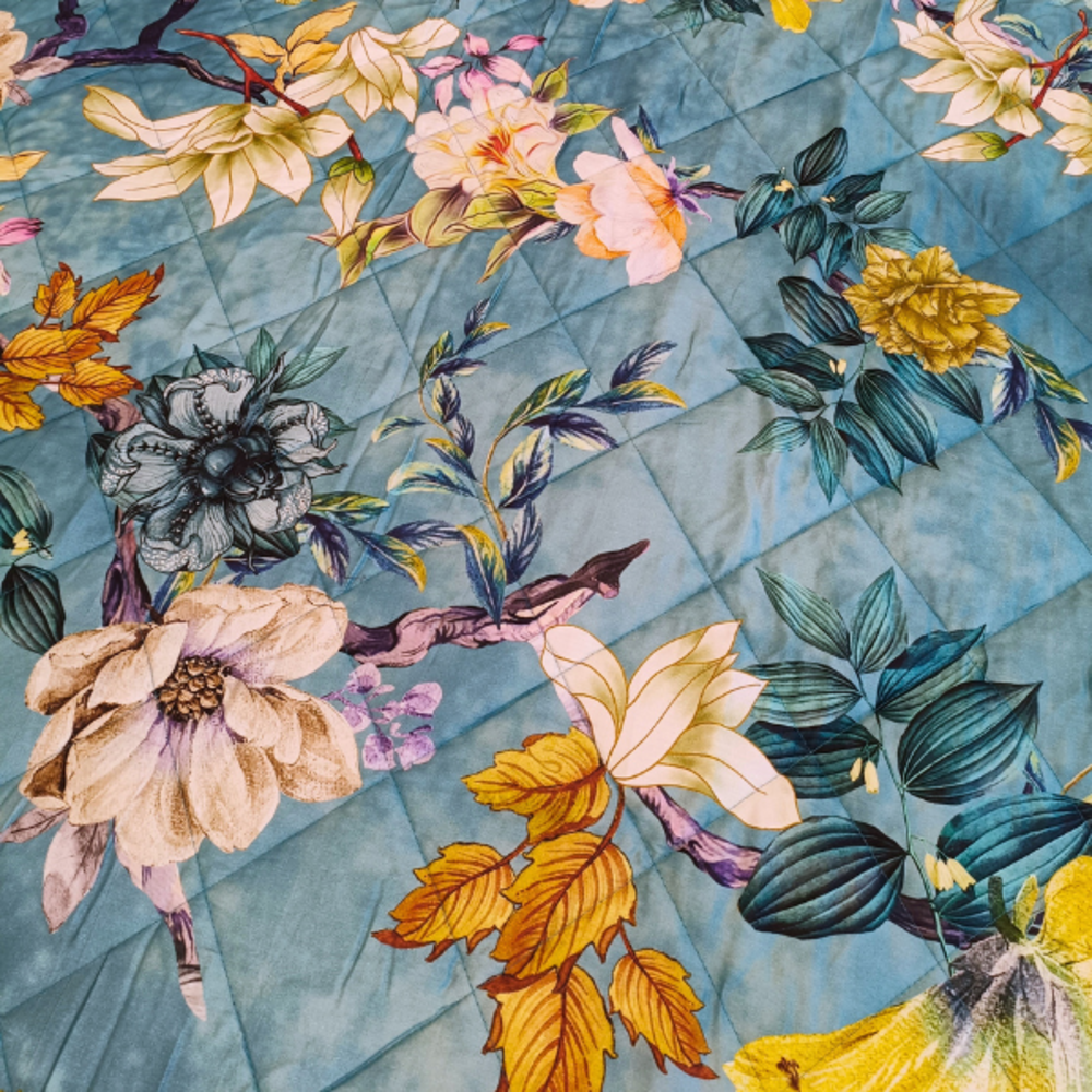 Overige Merken Bedspread Cotton Satin Floral Yellow Blue- Double Sided Bedspread - 200TC
