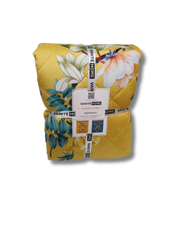 Overige Merken Tagesdecke aus Baumwollsatin mit Blumenmuster, Gelb/Blau, doppelseitig, 200 TC