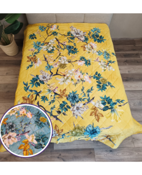 Overige Merken Cotton Satin Bedspread Floral Yellow Blue - 230x250 cm - Double-sided!