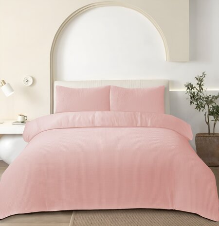 Beau Maison Waffle Fabric Duvet Cover Pink - 100% Cotton
