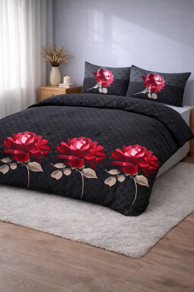 Beau Maison Roses Black Red Kant en Klaar Dekbed / Dekbed Zonder Overtrek