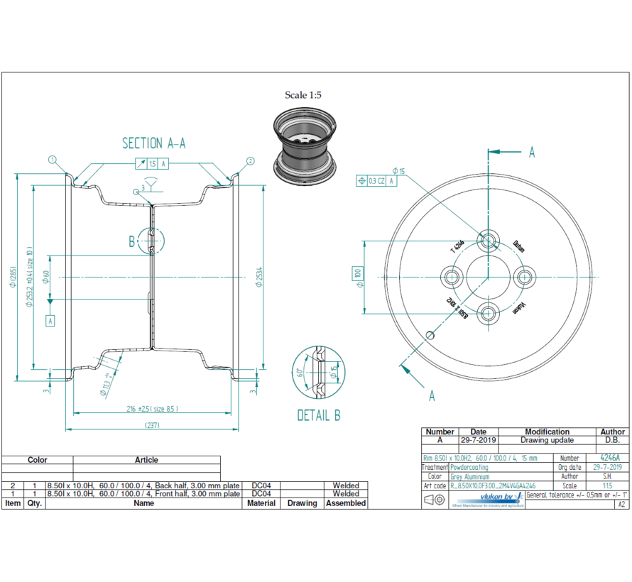 3.00 mm thick one piece welded RIM, diameter: 10 inch, width: 8.50 inch, pcd: 100mm & center bore: 60mm l 4 Raised bolt holes