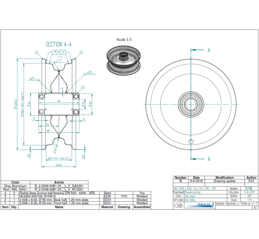 1.25 mm thick one piece welded RIM, diameter: 8 inch, width: 2.50 inch, bearing in hub: 6205-2RS