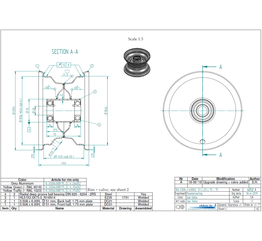 1.75 mm thick one piece welded RIM, diameter: 6 inch, width: 3.50 inch, bearing in hub: 6204-2RS