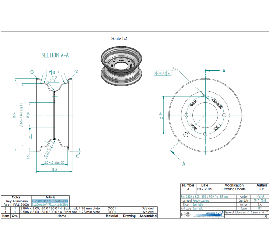 1.75 mm thick one piece welded RIM, diameter: 6 inch, width: 2.50 inch, pcd: 90mm & center bore: 60mm l 4  bolt holes