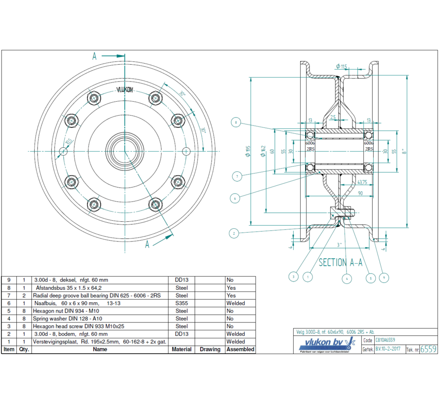 4.00 mm thick two piece divided rim | diameter: 8 inch | width: 3.00 inch | bearing in hub: 6006-2RS