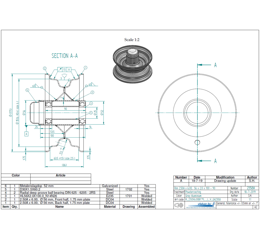 1.75 mm thick one piece welded RIM, diameter: 6 inch, width: 2.50 inch, bearing in hub: 6205-2RS