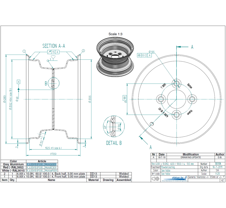 3.00 mm thick one piece welded RIM, diameter: 10 inch, width: 6.00 inch, pcd: 100mm & center bore: 60mm l 4 Raised bolt holes