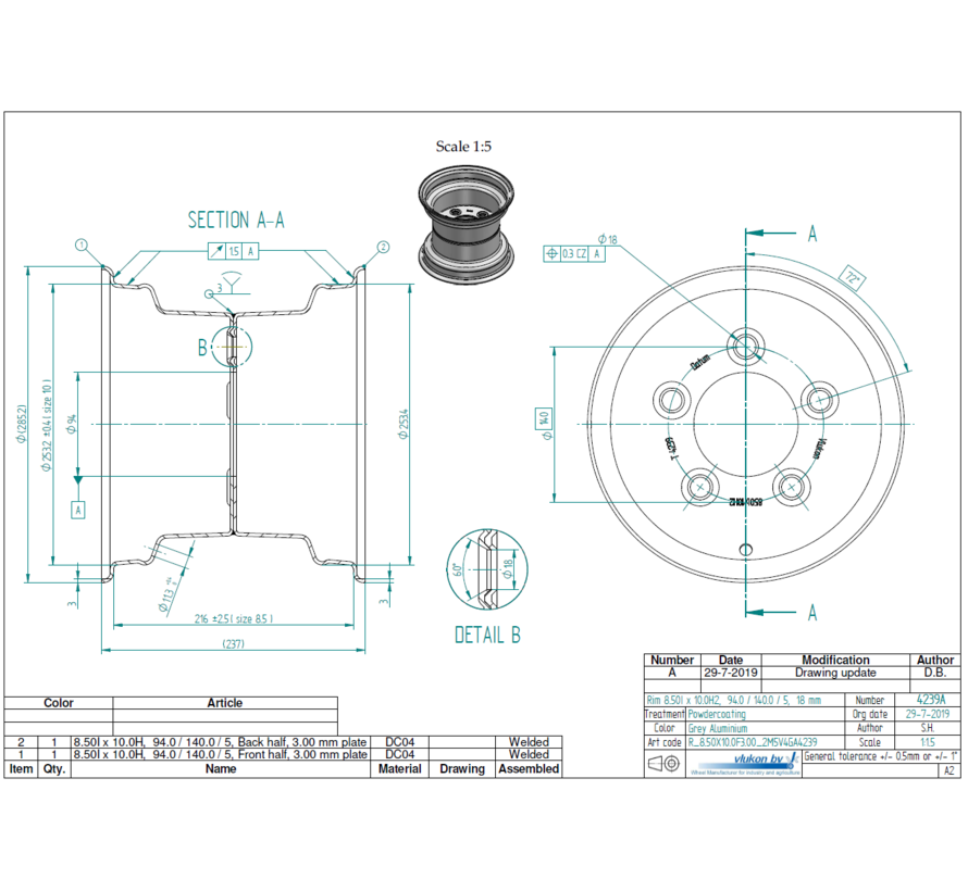 3.00 mm thick one piece welded RIM, diameter: 10 inch, width: 8.50 inch, pcd: 140mm & center bore: 94mm l 5 Raised bolt holes