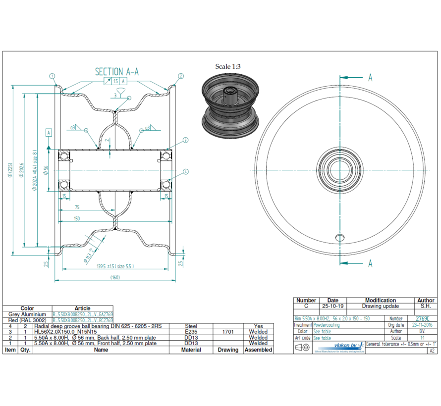 2.50 mm thick one piece welded RIM, diameter: 8 inch, width: 5.50 inch, bearing in hub: 6205-2RS
