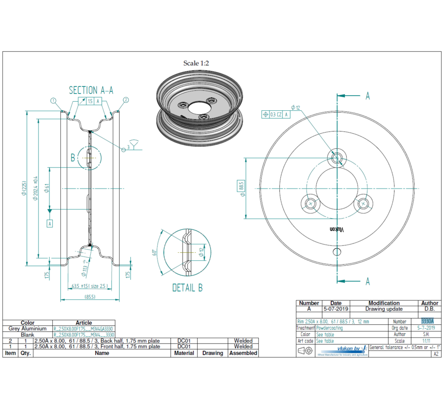1.75 mm thick one piece welded RIM, diameter: 8 inch, width: 2.50 inch, pcd: 88,5mm & center bore: 61mm l 3 Raised bolt holes