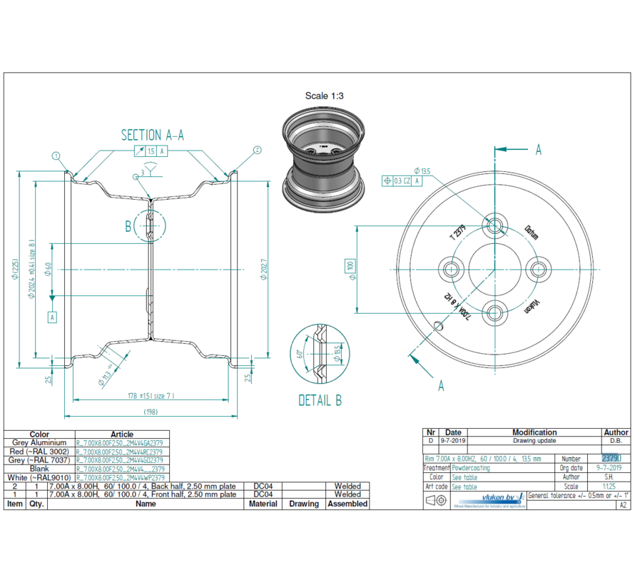 2.50 mm thick one piece welded RIM, diameter: 8 inch, width: 7.00 inch, pcd: 100mm & center bore: 60mm l 4 Raised bolt holes