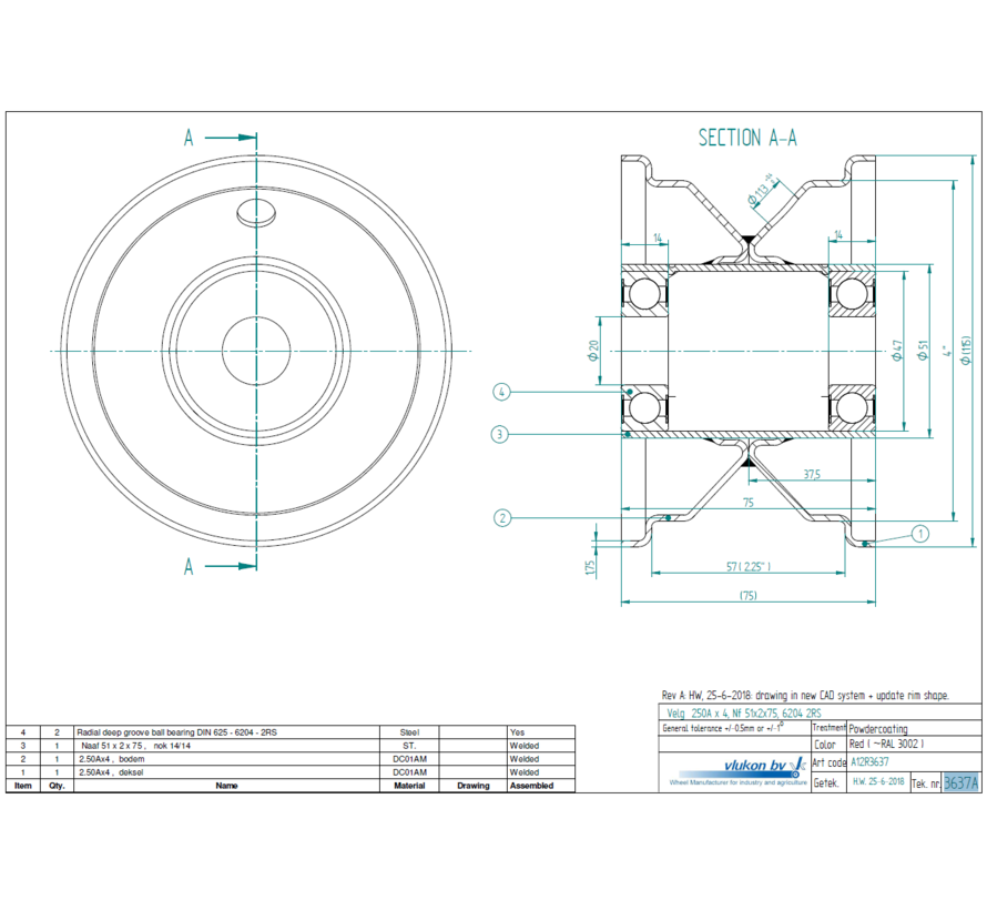 1.75 mm thick one piece welded RIM, diameter: 4 inch, width: 2.50 inch, bearing in hub: 6204-2RS