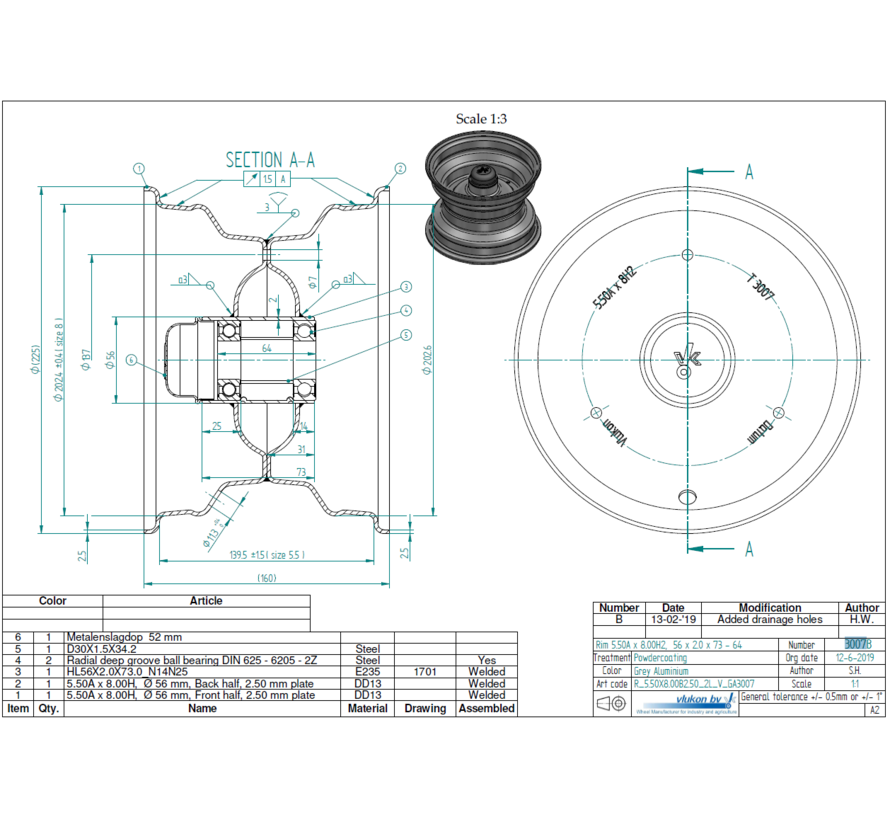 2.50 mm thick one piece welded RIM, diameter: 8 inch, width: 5.50 inch, bearing in hub: