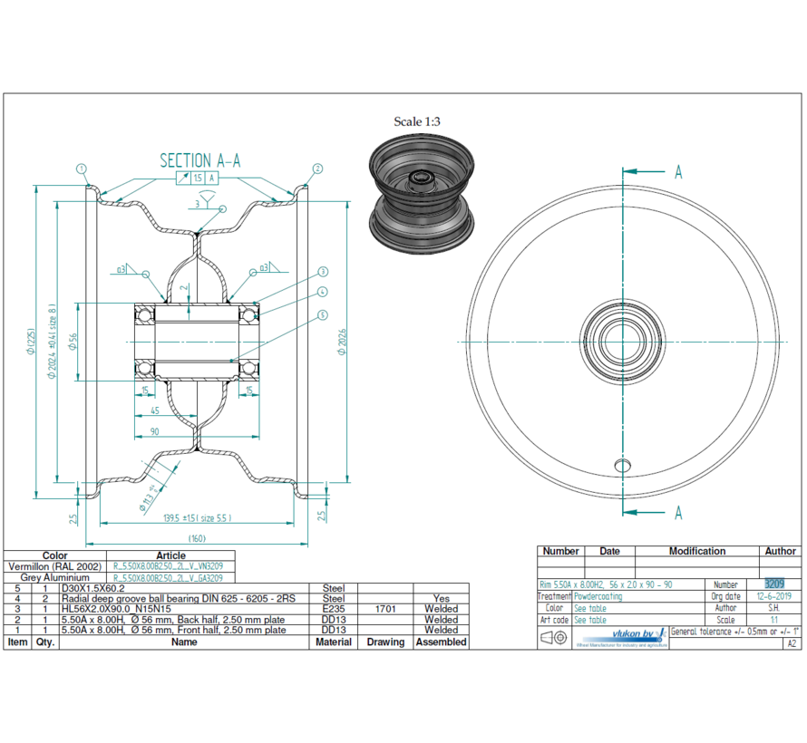 2.50 mm thick one piece welded RIM, diameter: 8 inch, width: 5.50 inch, bearing in hub: 6205-2RS