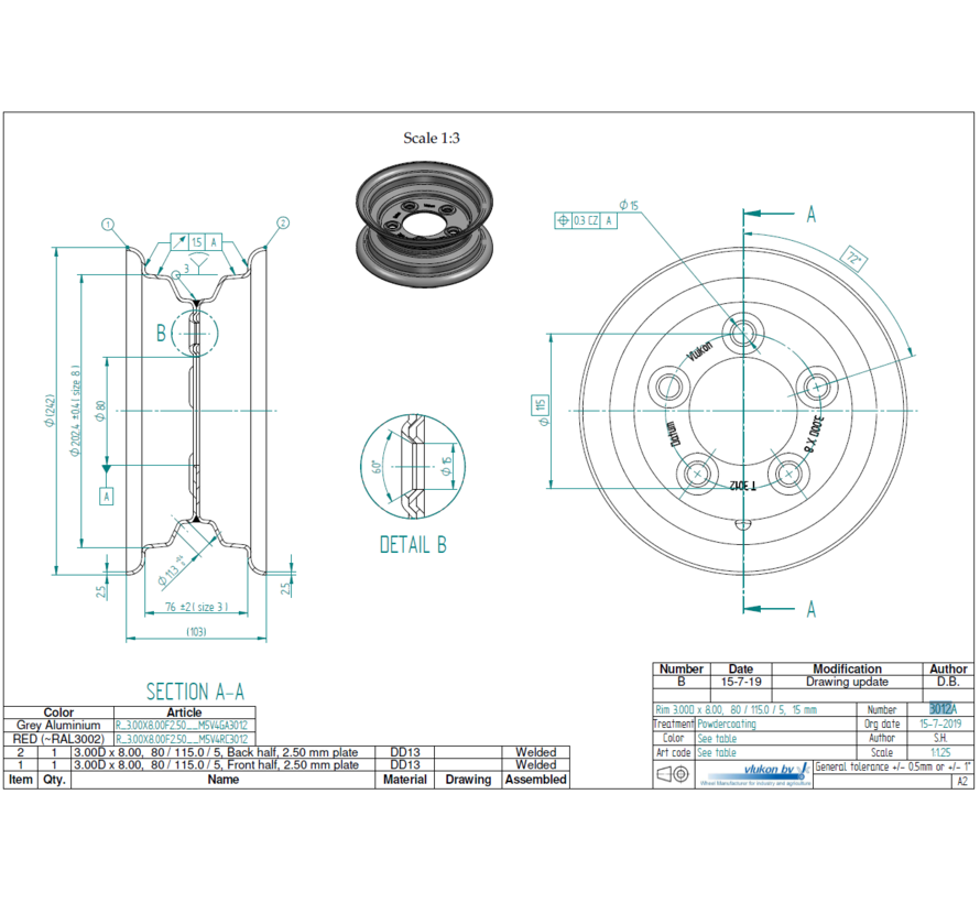 2.50 mm thick one piece welded RIM, diameter: 8 inch, width: 3.00 inch, pcd: 115mm & center bore: 80mm l 5 Raised bolt holes