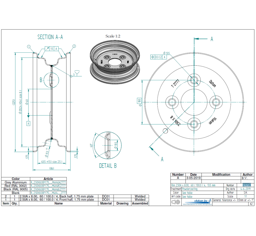1.75 mm thick one piece welded RIM, diameter: 8 inch, width: 2.50 inch, pcd: 100mm & center bore: 60mm l 4 Raised bolt holes