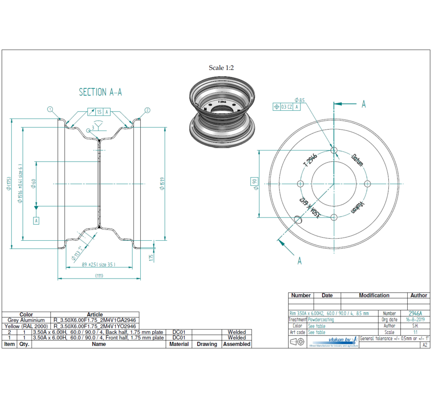 1.75 mm thick one piece welded RIM, diameter: 6 inch, width: 3.50 inch, pcd: 90mm & center bore: 60mm l 4  bolt holes