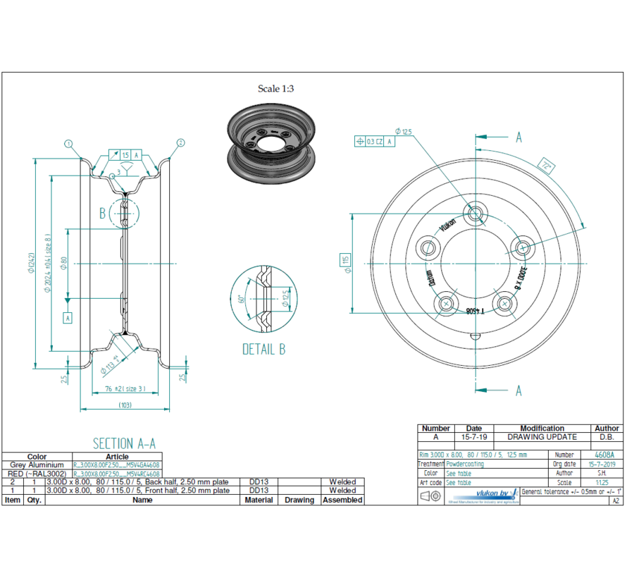 2.50 mm thick one piece welded RIM, diameter: 8 inch, width: 3.00 inch, pcd: 115mm & center bore: 80mm l 5 Raised bolt holes