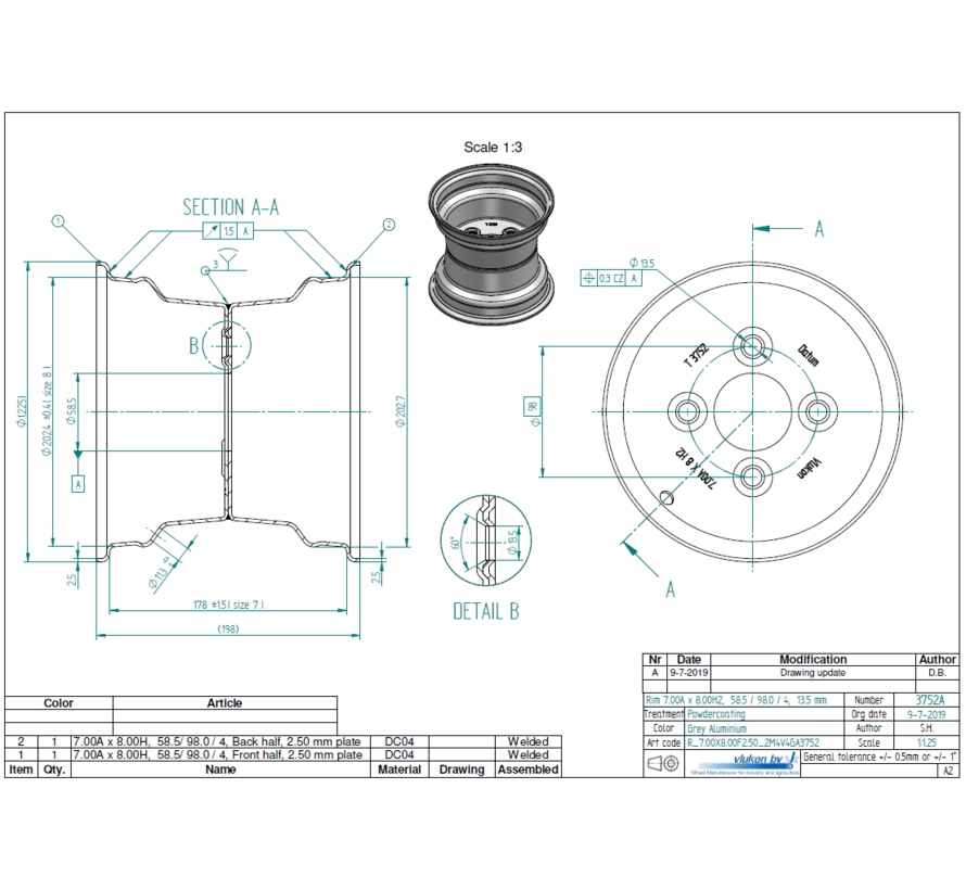 2.50 mm thick one piece welded RIM, diameter: 8 inch, width: 7.00 inch, pcd: 98mm & center bore: 58,5mm l 4 Raised bolt holes