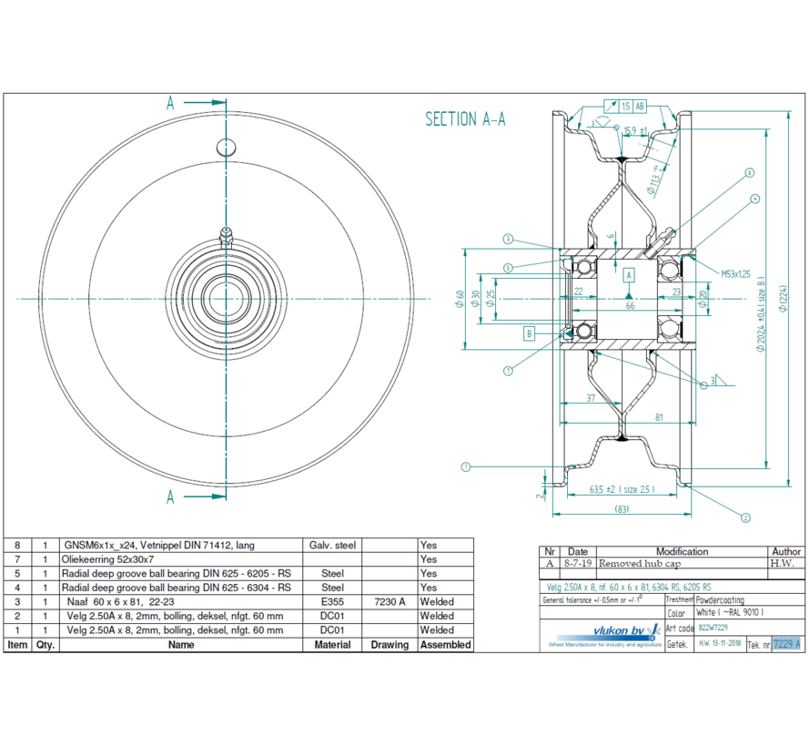 1.75 mm thick one piece welded RIM, diameter: 8 inch, width: 2.50 inch, bearing in hub: 6205-RS