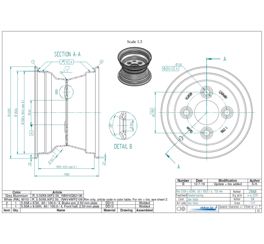 2.50 mm thick one piece welded RIM, diameter: 8 inch, width: 5.50 inch, pcd: 100mm & center bore: 60mm l 4 Raised bolt holes