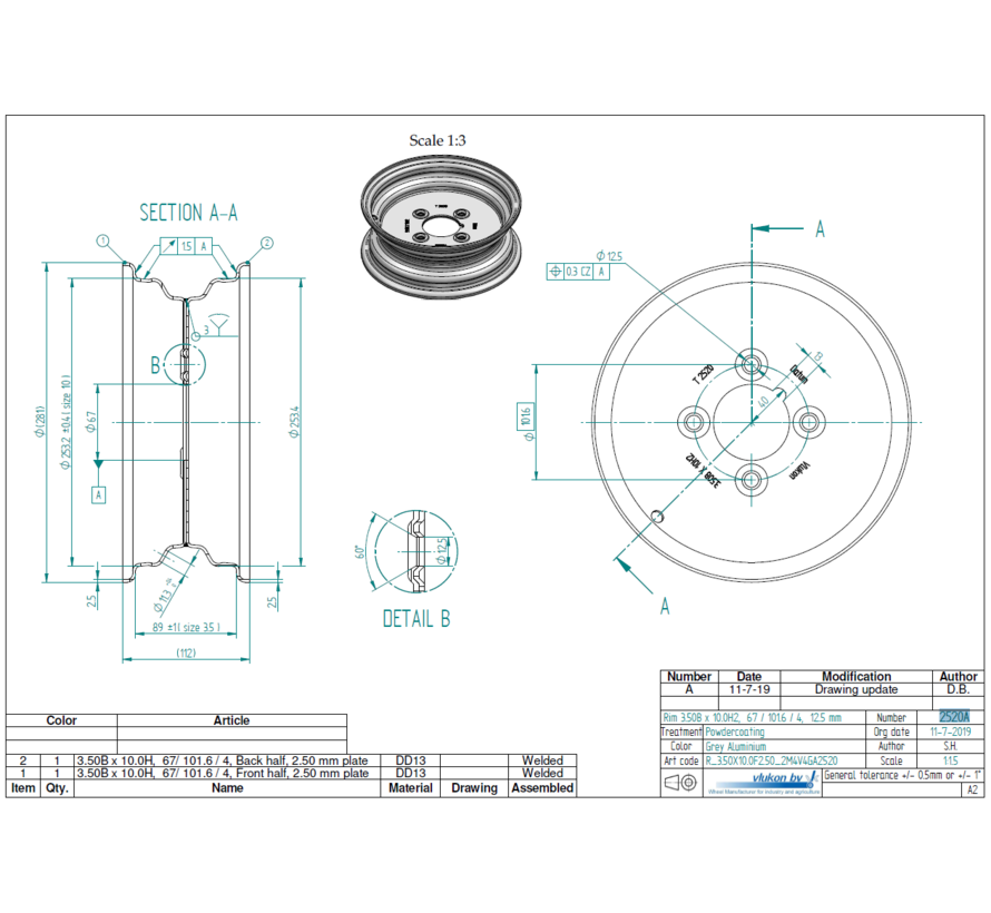 2.50 mm thick one piece welded RIM, diameter: 10 inch, width: 3.50 inch, pcd: 101,6mm & center bore: 67mm l 4 Raised bolt holes
