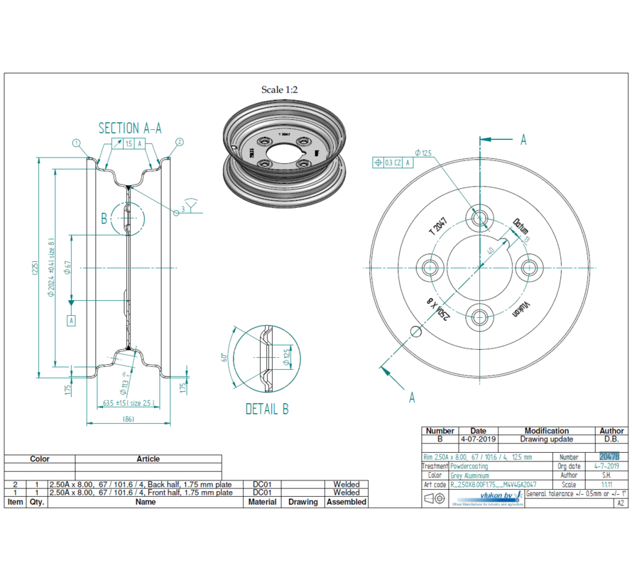 1.75 mm thick one piece welded RIM, diameter: 8 inch, width: 2.50 inch, pcd: 101,6mm & center bore: 67mm l 4 Raised bolt holes