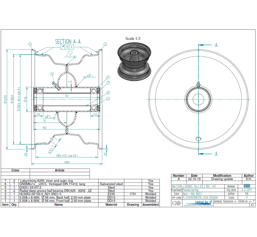 2.50 mm thick one piece welded RIM, diameter: 8 inch, width: 5.50 inch, bearing in hub: 6205-RS