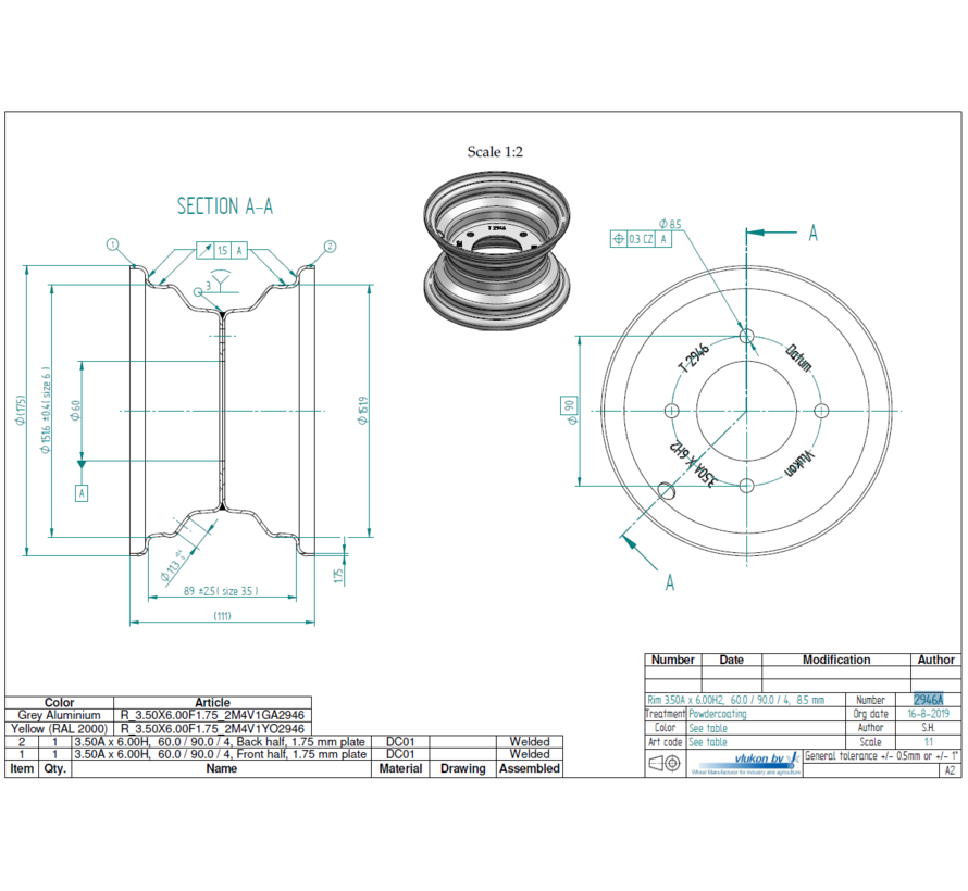 1.75 mm thick one piece welded RIM, diameter: 6 inch, width: 3.50 inch, pcd: 90mm & center bore: 60mm l 4  bolt holes
