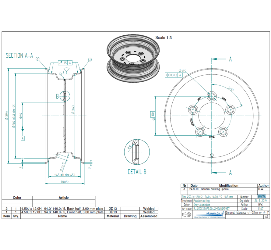 3.00 mm thick one piece welded RIM, diameter: 12 inch, width: 4.50 inch, pcd: 140mm & center bore: 94mm l 5 Raised bolt holes