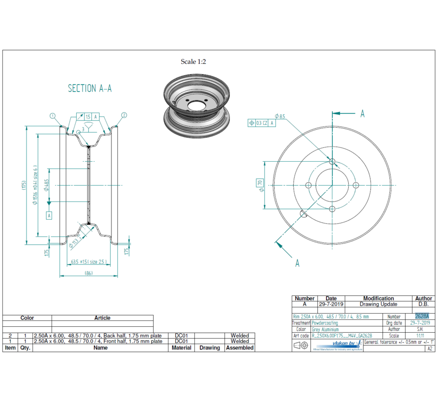 1.75 mm thick one piece welded RIM, diameter: 6 inch, width: 2.50 inch, pcd: 70mm & center bore: 48,5mm l 4  bolt holes