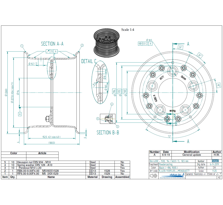 4.00 mm thick two piece divided rim | diameter: 9 inch | width: 6.00 inch | pcd: 140mm & center bore: 94mm l 5 Raised + Countersink bolt holes