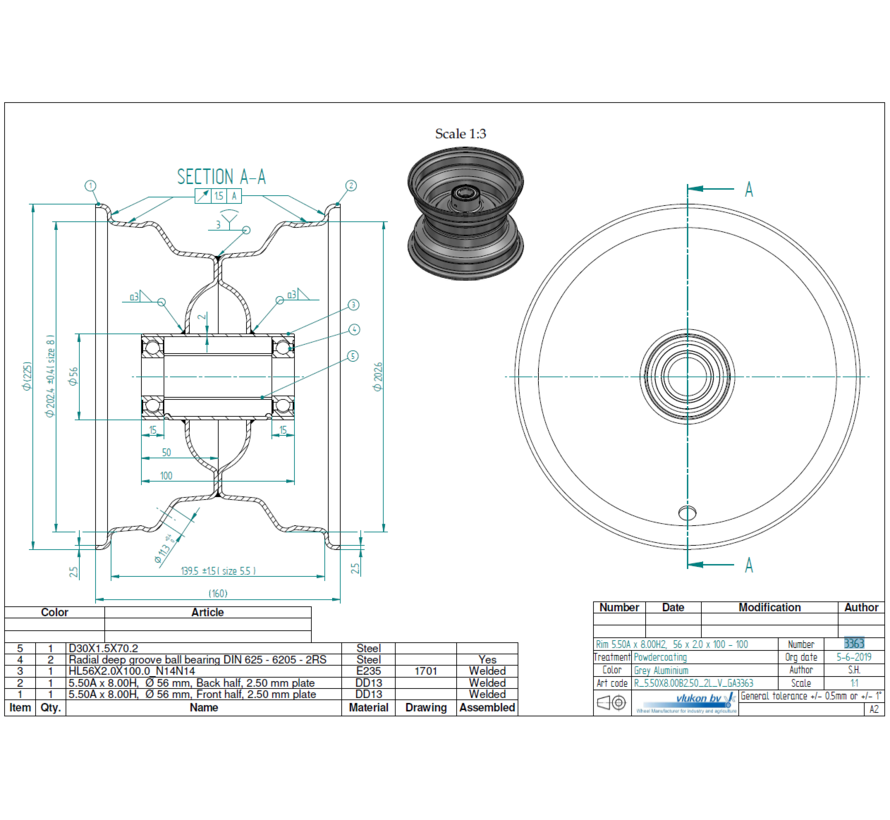 2.50 mm thick one piece welded RIM, diameter: 8 inch, width: 5.50 inch, bearing in hub: 6205-2RS