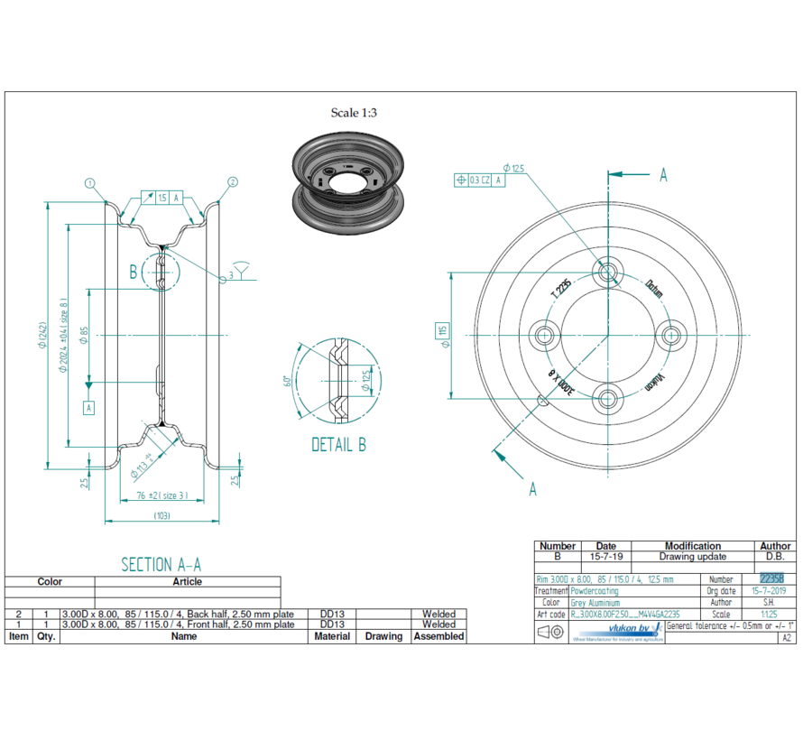 2.50 mm thick one piece welded RIM, diameter: 8 inch, width: 3.00 inch, pcd: 115mm & center bore: 85mm l 4 Raised bolt holes